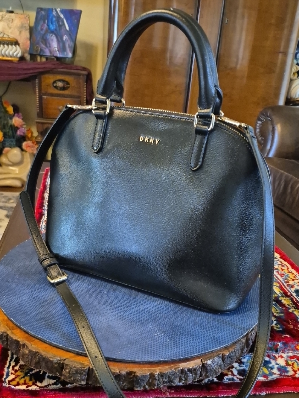 DKNY "Bryant" Dome Black Two Way Faux Leather Bag. In EC.